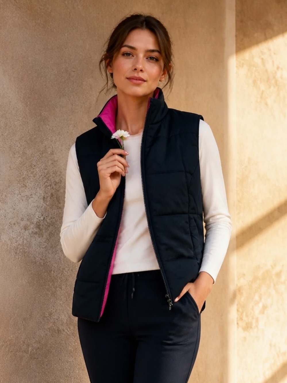 Kenneth Cole Womens Puffer Vest Black & Pink Satin Lined S